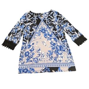 Alfani Blue & White Floral Dress Bell Sleeve with Lace Crochet Detail - Size L